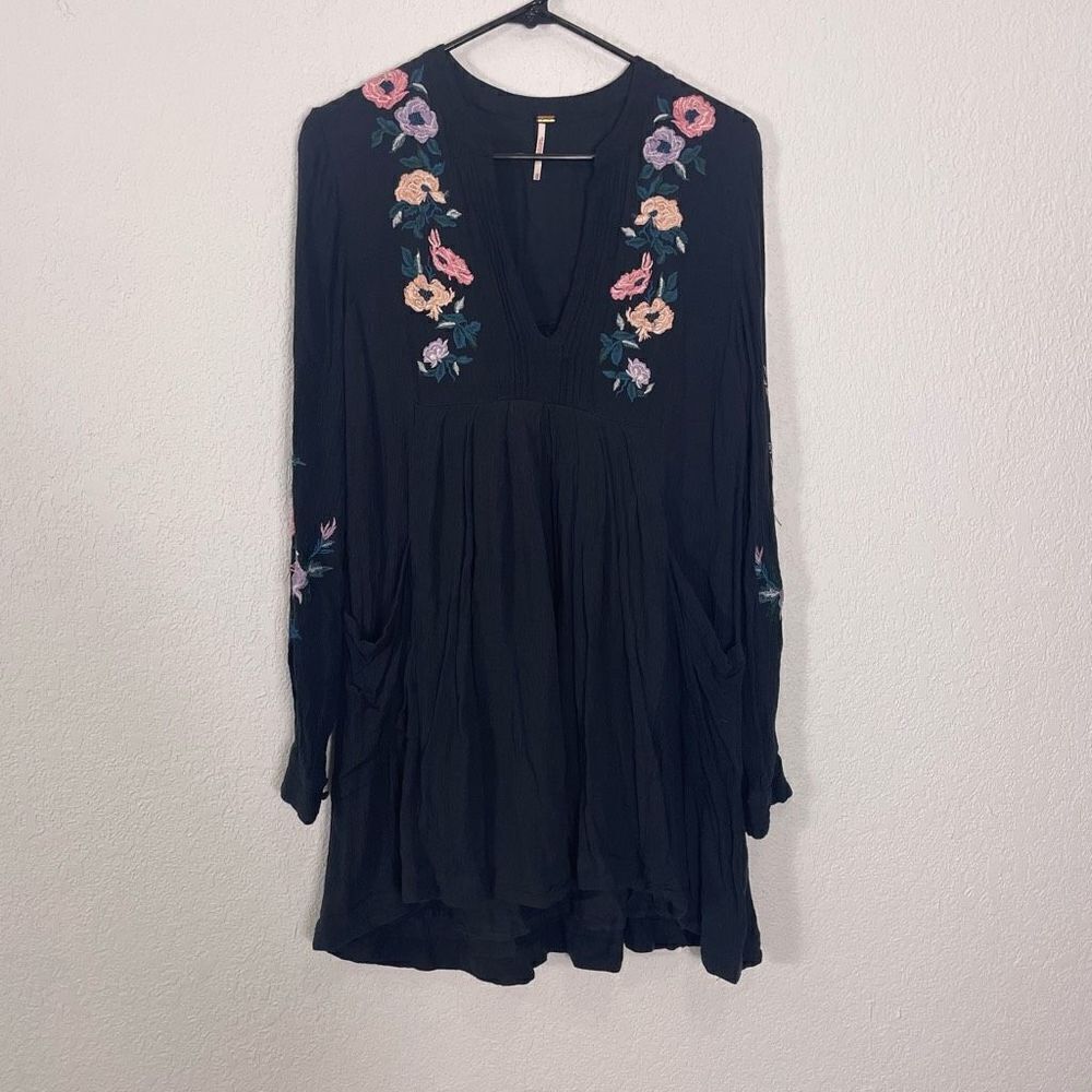 Free People Black Long Sleeve Dress with Floral Embroidery Detail XS
